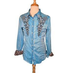 Roar Embroidered Rhinestone Western Glam Shirt Rodeo Corral Cowboy Size XL